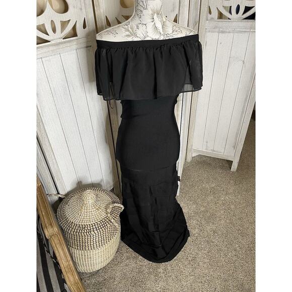 New! BeBe Black Off The Shoulder Maxi Bodycon Sheath Dress Size Small - Picture 1 of 9